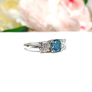 Round London Blue Moissanite 3 Stone Sterling Silver Ring Size 6 Authentic