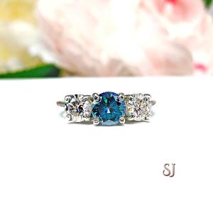 Round London Blue Moissanite 3 Stone Sterling Silver Ring Size 6 Authentic