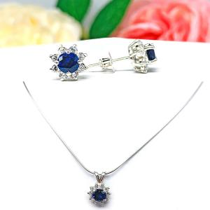 Round Lab Blue Sapphire CZ Halo Pendant - Sterling silver necklace - Three size options