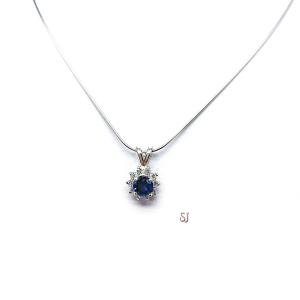 Round Lab Blue Sapphire CZ Halo Pendant - Sterling silver necklace - Three size options