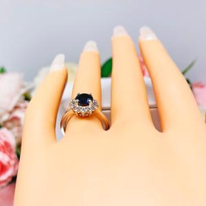 Round Lab Blue Sapphire CZ Halo Ring Sterling Silver