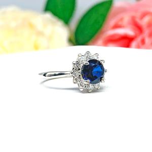 Round Lab Blue Sapphire CZ Halo Ring Sterling Silver