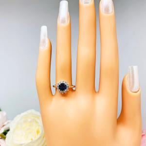 Round Lab Blue Sapphire CZ Halo Ring Sterling Silver