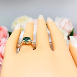 Green Moissanite 3 Stone Ring – Sterling Silver Milgrain Twist Band – White Moissanite Accents