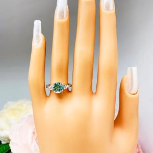 Green Moissanite 3 Stone Ring – Sterling Silver Milgrain Twist Band – White Moissanite Accents