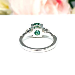 Green Moissanite 3 Stone Ring – Sterling Silver Milgrain Twist Band – White Moissanite Accents