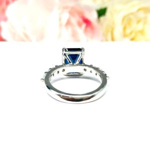 Lab Blue Sapphire Emerald Cut Engagement Ring CZ Pave Accents Sterling Silver Optional Matching Band