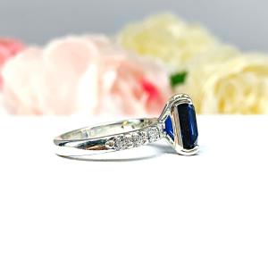 Lab Blue Sapphire Emerald Cut Engagement Ring CZ Pave Accents Sterling Silver Optional Matching Band