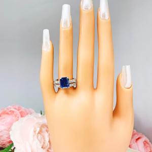 Lab Blue Sapphire Emerald Cut Engagement Ring CZ Pave Accents Sterling Silver Optional Matching Band