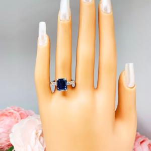 Lab Blue Sapphire Emerald Cut Engagement Ring CZ Pave Accents Sterling Silver Optional Matching Band