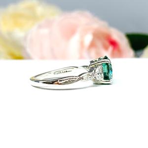 Green Moissanite 3 Stone Ring – Sterling Silver Milgrain Twist Band – White Moissanite Accents