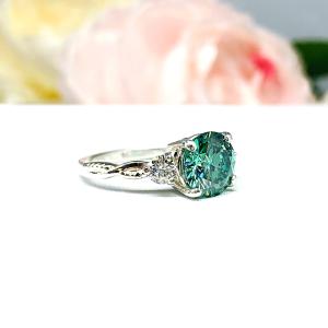 Green Moissanite 3 Stone Ring – Sterling Silver Milgrain Twist Band – White Moissanite Accents