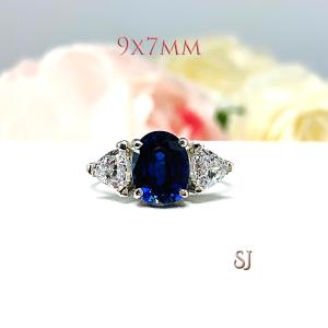Lab Blue Sapphire Oval & CZ Trillion Ring – 8x6mm-10x8mm, Sterling Silver