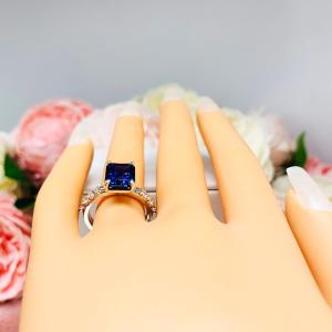 Lab Blue Sapphire Emerald Cut Engagement Ring CZ Pave Accents Sterling Silver Optional Matching Band