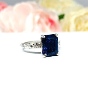 Lab Blue Sapphire Emerald Cut Engagement Ring CZ Pave Accents Sterling Silver Optional Matching Band