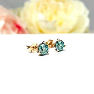 Blue Moissanite Stud Earrings – 14k Gold – Round Martini Setting – Authentic Stones
