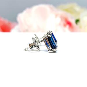Lab Blue Sapphire Emerald Cut Stud Earrings