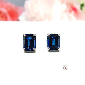 Lab Blue Sapphire Emerald Cut Stud Earrings
