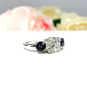 Round Near Colorless CZ Lab Alexandrite 3 Stone Engagement Ring