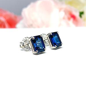 Lab Blue Sapphire Emerald Cut Stud Earrings