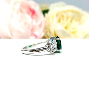 Round Lab Emerald 3-Stone Ring – CZ Side Stones, 6mm-9mm, Sterling Silver