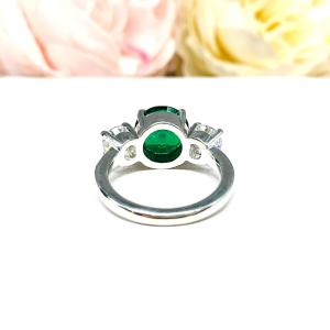 Round Lab Emerald 3-Stone Ring – CZ Side Stones, 6mm-9mm, Sterling Silver