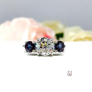 Round Near Colorless CZ Lab Alexandrite 3 Stone Engagement Ring