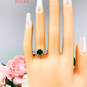 Round Lab Emerald 3-Stone Ring – CZ Side Stones, 6mm-9mm, Sterling Silver