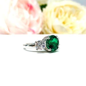 Round Lab Emerald 3-Stone Ring – CZ Side Stones, 6mm-9mm, Sterling Silver