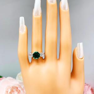 Round Lab Emerald 3-Stone Ring – CZ Side Stones, 6mm-9mm, Sterling Silver