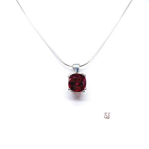 Lab Ruby 9mm Cushion Pendant - Sterling silver necklace - Water lily design - July birthstone gift