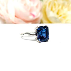 Lab Blue Sapphire Emerald Cut Double Prong Ring