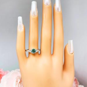 Green Moissanite 3 Stone Ring – Sterling Silver Milgrain Twist Band – White Moissanite Accents