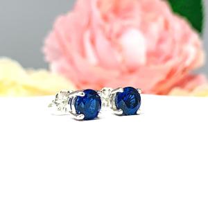 Lab Blue Sapphire Stud Earrings – 5mm-8mm Round, Sterling Silver