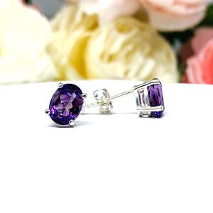 AAA Amethyst Oval Stud Earrings – Sterling silver settings – Three size options – February birthstone gift