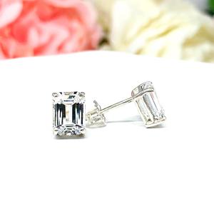 Lab White Sapphire Emerald Cut Stud Earrings – 8x6mm, Sterling Silver