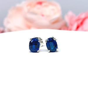 Oval Lab Blue Sapphire Stud Earrings – 7x5mm, 8x6mm, Sterling Silver
