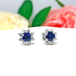 Lab Blue Sapphire CZ Halo Stud Earrings – 5mm-6.5mm Round, Sterling Silver