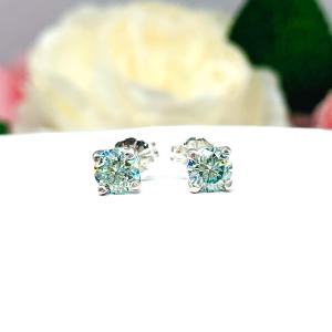Aquamarine Blue Moissanite Stud Earrings – 5mm Round, Sterling Silver, 10k Gold