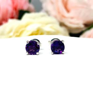 Amethyst Stud Earrings - 6mm natural gemstones - Sterling silver basket settings - February birthstone gift