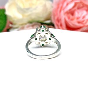 Art Deco Round Cubic Zirconia Engagement Ring – 7mm-9mm, Lab Emerald Accents, Sterling Silver