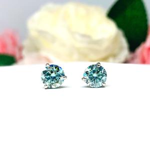 Blue Moissanite Stud Earrings – 14k Gold – Round Martini Setting – Authentic Stones