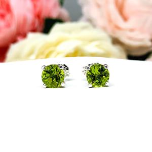 Round Peridot Stud Earrings - 6mm natural gemstones - Sterling silver settings - August birthstone gift