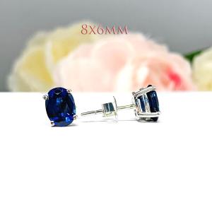 Oval Lab Blue Sapphire Stud Earrings – 7x5mm, 8x6mm, Sterling Silver