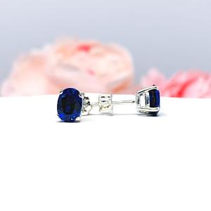 Oval Lab Blue Sapphire Stud Earrings – 7x5mm, 8x6mm, Sterling Silver