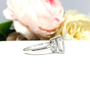 Asscher Cubic Zirconia 3-Stone Ring – 8mm - 11mm, Round Accents, Sterling Silver