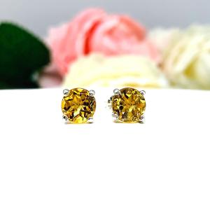 Round Golden Citrine Stud Earrings - 7mm natural gemstones - Sterling silver settings