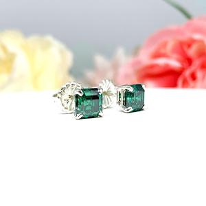 Emerald Green Asscher Moissanite Stud Earrings - 6mm (2.5 cts total) authentic moissanites - Sterling Silver or Gold