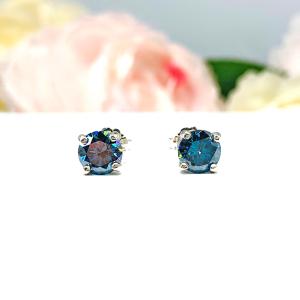 Teal Blue Moissanite Stud Earrings - 6mm lab grown peacock blue stone - Sterling silver settings