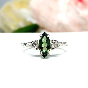Green Tourmaline Marquise Ring Size 6 – Moissanite Accents, Sterling SilverTwist Milgrain Band